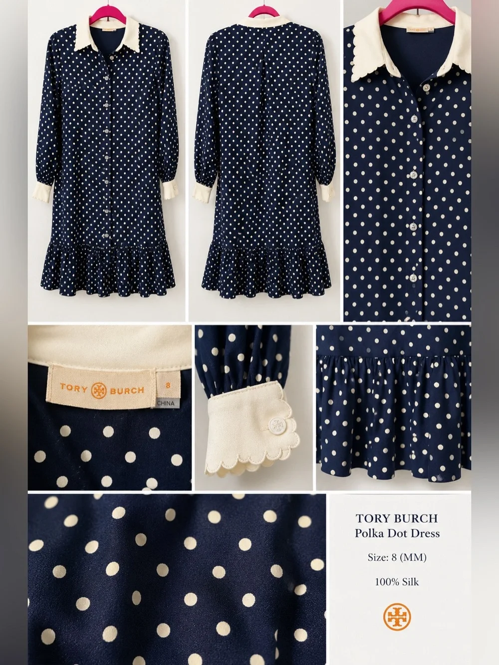 Tory Burch Navy and Cream Polka Dot Silk Shirt Dress